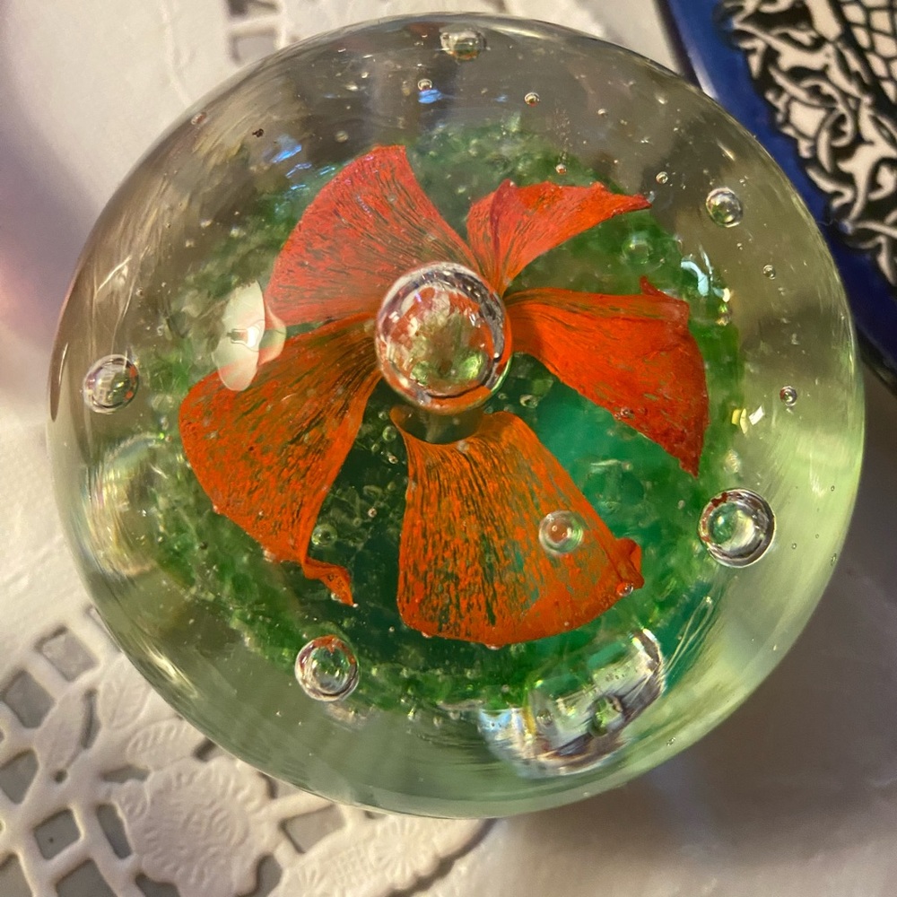 Vintage Art Glass Paperweight Orange Flower